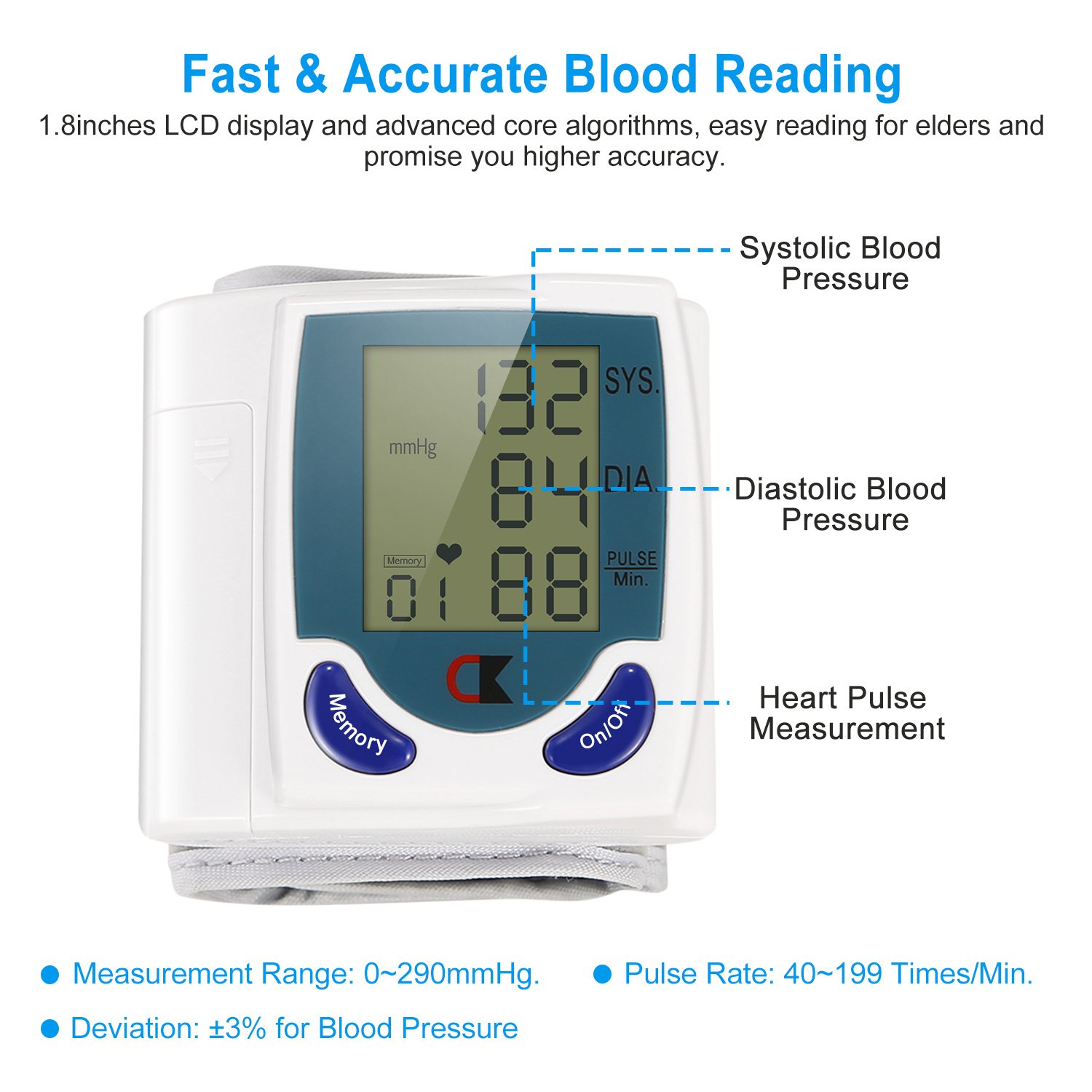 1Pc Blood Pressure Monitor Wrist Digital High Blood Pressure Cuff Heartbeat Tester With 60 Reading Memory 1.8 Inches LCD Screen Storage Box (Option: white) 1Pc Blood Pressure Monitor Wrist Digital High Blood Pressure Cuff Heartbeat Tester With 60 Reading Memory 1.8 Inches LCD Screen Storage Box (Option: white)